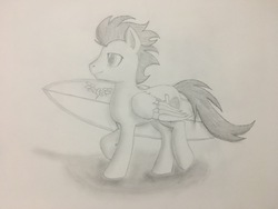 Size: 4032x3024 | Tagged: safe, artist:optic-rainfall, soarin', pegasus, pony, g4, backwards cutie mark, male, pencil drawing, solo, stallion, surfboard, traditional art