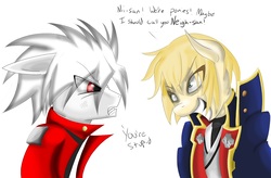 Size: 1332x873 | Tagged: safe, artist:falco9998, pony, blazblue, dialogue, glare, grin, jin kisaragi, ponified, ragna the bloodedge, smiling