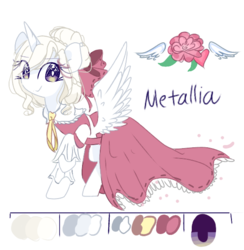 Size: 565x579 | Tagged: safe, artist:windymils, oc, oc only, oc:metallia, alicorn, pony, clothes, dress, female, looking at you, mare, raised hoof, reference sheet, simple background, smiling, solo, white background