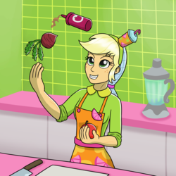 Size: 1280x1280 | Tagged: safe, artist:mkogwheel, applejack, equestria girls, g4, my little pony equestria girls: summertime shorts, shake things up!, alternate hairstyle, apple, beet, female, food, juggling, ketchup, knife, sauce, solo, turnip