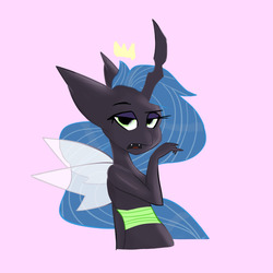 Size: 1280x1280 | Tagged: safe, artist:vylet pony, queen chrysalis, changeling, changeling queen, anthro, g4, female, impossibly large ears, looking at you, pink background, simple background, solo, ugh