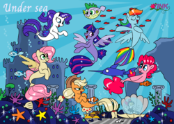 Size: 1700x1216 | Tagged: useless source url, safe, artist:pencil bolt, applejack, fluttershy, pinkie pie, rainbow dash, rarity, songbird serenade, spike, twilight sparkle, alicorn, earth pony, pegasus, puffer fish, seapony (g4), unicorn, g4, my little pony: the movie, :p, applejack's hat, bubble, castle, clothes, coral, cowboy hat, cute, day, dorsal fin, eyes closed, female, fin, fin wings, fins, flowing mane, flowing tail, glowing, happy, hat, lidded eyes, mane seven, mane six, mare, ocean, open mouth, open smile, seaponified, seapony applejack, seapony fluttershy, seapony pinkie pie, seapony rainbow dash, seapony rarity, seapony twilight, seashell, seaweed, see-through, smiling, smirk, sparkles, species swap, spike the pufferfish, spread wings, swimming, swordfish, tail, tongue out, undersea spa, underwater, water, wings