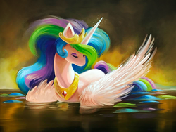 Size: 1000x750 | Tagged: safe, artist:tsaoshin, princess celestia, alicorn, pony, g4, abstract background, beautiful, commission, eyes closed, female, jewelry, mare, oil painting, partially open wings, partially submerged, peytral, regalia, solo, swanlestia, three quarter view, traditional art, turned head, water, wings