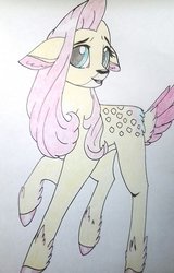 Size: 900x1405 | Tagged: safe, artist:evergreen-gemdust, fluttershy, deer, g4, female, floppy ears, flutterdeer, looking at you, raised hoof, simple background, smiling, solo, species swap, traditional art