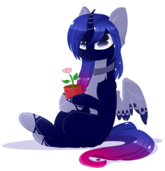 Size: 1024x1064 | Tagged: safe, artist:php146, oc, oc only, oc:yosamu, alicorn, pony, alicorn oc, curved horn, female, flower, flower pot, gradient mane, horn, looking at you, mare, simple background, solo, transparent background