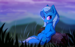 Size: 2776x1728 | Tagged: safe, artist:breakdream, trixie, pony, unicorn, g4, chest fluff, female, fluffy, grass, grin, log, looking at you, mare, sitting, smiling, solo