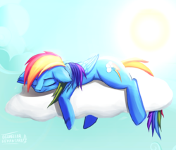 Size: 2000x1700 | Tagged: safe, artist:bellheller, rainbow dash, pony, g4, backwards cutie mark, cloud, female, sleeping, solo, sun