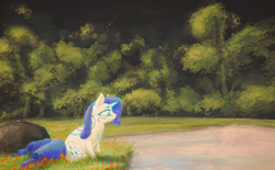 Size: 3256x2023 | Tagged: safe, artist:plotcore, rarity, kitsune, g4, bush, female, grass, high res, outdoors, rock, sitting, solo, species swap, tree, water