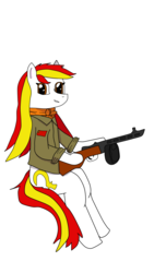 Size: 1836x3264 | Tagged: safe, artist:goldendays, oc, oc only, oc:akilina, pony, clothes, gun, looking at you, ppsh-41, rolled up sleeves, simple background, soviet, submachinegun, uniform, weapon, white background