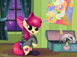 Size: 2000x1500 | Tagged: safe, artist:songbirdserenade, apple bloom, earth pony, pony, g4, adorabloom, bedroom, bow, clothes, curtains, cute, female, hoodie, mismatching socks, poster, socks, solo