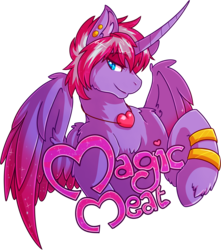 Size: 2336x2647 | Tagged: safe, artist:dogi-crimson, oc, oc only, oc:magic meat, alicorn, pony, alicorn oc, badge, bracelet, colored wings, gradient wings, high res, jewelry, male, necklace, solo