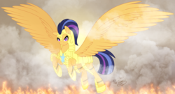 Size: 1024x555 | Tagged: safe, artist:traveleraoi, oc, oc only, oc:nova star sparkle, pegasus, pony, armor, battlefield, blind, clothes, colored pupils, female, fire, flying, helmet, large wings, mare, narrowed eyes, offspring, parent:flash sentry, parent:twilight sparkle, parents:flashlight, royal guard, serious, serious face, shoes, smoke, solo, wings