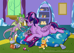 Size: 1024x736 | Tagged: safe, artist:sleepydemonmonster, spike, twilight sparkle, oc, oc:everest, alicorn, dragon, pony, g4, twilight's kingdom, baby, baby pony, chest fluff, foal, next generation, offspring, parent:lord tirek, parent:twilight sparkle, parents:twirek, twilight sparkle (alicorn)