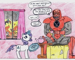 Size: 1183x961 | Tagged: safe, artist:kuroneko, derpibooru exclusive, opalescence, rarity, cat, pony, unicorn, g4, atrocitus, biscuits, crossover, cup, dc comics, dex-starr, fire, magic, red lantern, table, teacup, teapot, traditional art