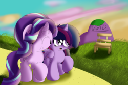 Size: 3647x2434 | Tagged: safe, artist:bronybehindthedoor, starlight glimmer, twilight sparkle, alicorn, pony, unicorn, g4, bench, duo, eyes closed, high res, raised hoof, smiling, twilight sparkle (alicorn)