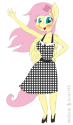 Size: 1260x2164 | Tagged: safe, artist:magical disaster, fluttershy, anthro, g4, big breasts, breasts, clothes, dress, happy, high heels, multiple variants, open mouth, shoes, unmoving plaid, waving, wind