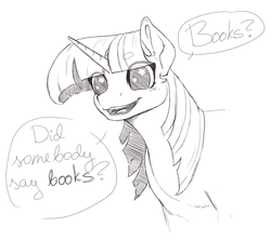 Size: 2000x1777 | Tagged: safe, artist:rebeccanoart, twilight sparkle, pony, unicorn, g4, book, bookhorse, dialogue, excited, female, mare, monochrome, simple background, smiling, solo, that pony sure does love books, twilight fuel, white background, wingding eyes