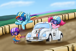 Size: 3220x2160 | Tagged: safe, artist:lifesharbinger, pinkie pie, rainbow dash, scootaloo, earth pony, pegasus, pony, g4, bipedal, car, disney, female, goggles, helmet, herbie, high res, scooter, the love bug, volkswagen