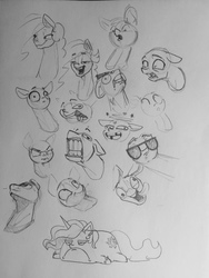 Size: 960x1280 | Tagged: safe, artist:greyscaleart, princess celestia, pony, g4, >:c, faic, floppy ears, frown, gritted teeth, monochrome, prone, sketch, sketch dump, smiling, sploot, sunglasses, traditional art