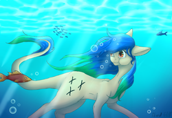 Size: 1280x876 | Tagged: safe, artist:lastaimin, oc, oc only, earth pony, fish, pony, female, mare, solo, swimming, underwater