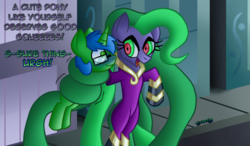 Size: 1300x760 | Tagged: safe, artist:snakeythingy, mane-iac, oc, oc:chilly willy, pony, g4, art trade, choking, coils, comic book, dialogue, looking at each other, prehensile mane, squeezing, story included