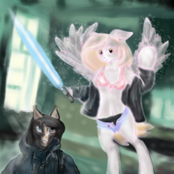Size: 2048x2048 | Tagged: safe, artist:rupony, derpy hooves, anthro, g4, black underwear, breasts, cleavage, clothes, high res, hoodie, hoof hold, jacket, open fly, panties, pants, sword, underwear, wardrobe malfunction, weapon, wings