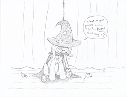 Size: 3304x2552 | Tagged: safe, artist:friendshipishorses, trixie, pony, unicorn, g4, abuse, atg 2017, cape, clothes, crying, dialogue, female, food, hat, high res, mare, monochrome, newbie artist training grounds, sitting, solo, tomato, trixie's cape, trixie's hat, trixiebuse, underhoof