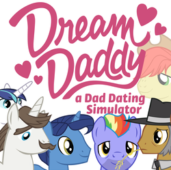 Size: 1440x1435 | Tagged: safe, bow hothoof, bright mac, hondo flanks, igneous rock pie, night light, shining armor, earth pony, pegasus, pony, unicorn, g4, dating sim, dream daddy, heart, logo, male, simple background, stallion, vector, video game, white background