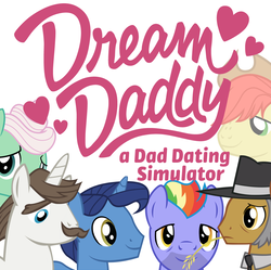 Size: 1440x1435 | Tagged: safe, bow hothoof, bright mac, gentle breeze, hondo flanks, igneous rock pie, night light, earth pony, ghost, pegasus, pony, undead, unicorn, g4, bright mac's ghost, dad six, dating sim, dream daddy, heart, logo, male, simple background, stallion, vector, video game, white background