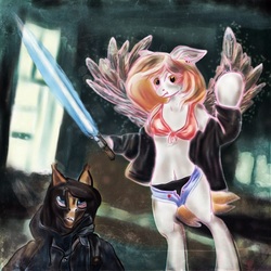 Size: 1080x1080 | Tagged: safe, artist:rupony, derpy hooves, anthro, g4, black underwear, breasts, cleavage, clothes, hoodie, jacket, lightsaber, open fly, panties, pants, star wars, underwear, wardrobe malfunction, weapon