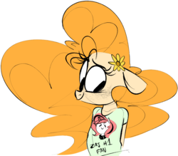 Size: 957x837 | Tagged: safe, artist:hattsy, pear butter, oc, oc only, oc:lilith, earth pony, pony, semi-anthro, g4, clothes, female, floppy ears, flower, mare, pearlilith, shirt, simple background, smiling, solo, white background
