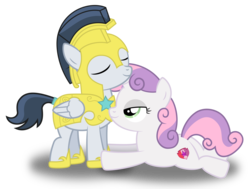 Size: 2040x1544 | Tagged: safe, artist:meandmyideas, rumble, sweetie belle, pony, g4, armor, bedroom eyes, eyes closed, female, holding hooves, male, ship:rumbelle, shipping, simple background, straight, transparent background, vector