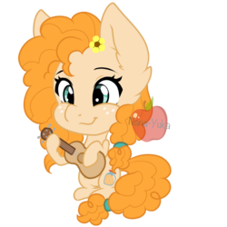 Size: 1024x1024 | Tagged: safe, artist:nana-yuka, pear butter, earth pony, pony, g4, the perfect pear, chibi, female, guitar, mare, simple background, smiling, solo, transparent background, watermark