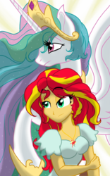 Size: 1200x1920 | Tagged: safe, artist:theroyalprincesses, princess celestia, sunset shimmer, alicorn, human, pony, equestria girls, g4, breasts, clothes, crown, female, jewelry, lidded eyes, mare, regalia, teacher and student, updated