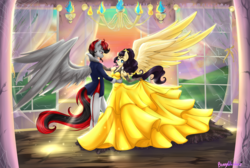 Size: 5500x3700 | Tagged: safe, artist:bunnywhiskerz, oc, oc only, anthro, absurd resolution, anthro oc, broken glass, clothes, commission, crossover, dancing, disney, dress, large wings, looking at each other, oc x oc, pants, shipping, smiling, suit, wings