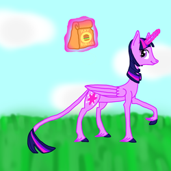 Size: 2000x2000 | Tagged: safe, artist:smannawarp, twilight sparkle, alicorn, classical unicorn, pony, unicorn, g4, bag, burger, cloud, cloudy, cloven hooves, fast food, female, food, grass, hay burger, high res, horn, leonine tail, levitation, looking back, magic, sky, smiling, solo, telekinesis, that pony sure does love burgers, twilight burgkle, twilight sparkle (alicorn), unshorn fetlocks, walking