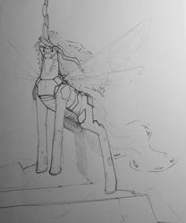 Size: 1065x1280 | Tagged: safe, artist:greyscaleart, queen chrysalis, changeling, changeling queen, g4, female, monochrome, newbie artist training grounds, solo, traditional art