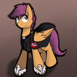 Size: 750x750 | Tagged: safe, artist:conmanwolf, scootaloo, pony, ask factory scootaloo, fanfic:rainbow factory, g4, clothes, factory scootaloo, female, solo