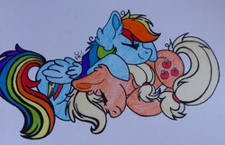 Size: 3229x2080 | Tagged: safe, artist:mlpshimmysunshine123, applejack, rainbow dash, pony, g4, female, high res, lesbian, ship:appledash, shipping, traditional art