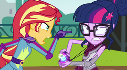 Size: 1400x771 | Tagged: safe, screencap, sci-twi, sunset shimmer, twilight sparkle, equestria girls, g4, my little pony equestria girls: friendship games, angry, shrunken pupils