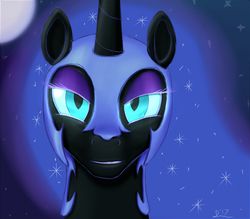 Size: 1208x1060 | Tagged: safe, artist:stillwaterspony, nightmare moon, alicorn, pony, g4, atg 2017, female, glowing eyes, mare, moon, newbie artist training grounds, smiling, smirk, solo