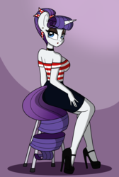 Size: 800x1189 | Tagged: safe, artist:dativyrose, rarity, anthro, plantigrade anthro, g4, beautiful, choker, clothes, ear piercing, earring, female, headband, high heels, jewelry, legs, looking at you, looking back, makeup, piercing, pinup, platform heels, rockabilly, shoes, skirt, solo, stiletto heels