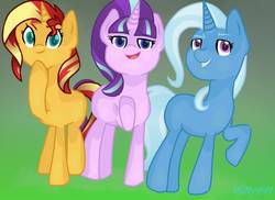 Size: 1378x1003 | Tagged: safe, artist:ttkitty441, starlight glimmer, sunset shimmer, trixie, pony, unicorn, g4, colored pupils, counterparts, female, gradient background, looking at you, mare, newbie artist training grounds, raised hoof, smiling, smirk, smug, trio, twilight's counterparts