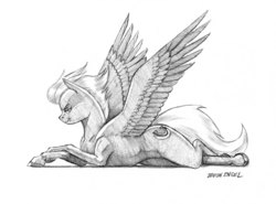 Size: 1400x1034 | Tagged: safe, artist:baron engel, fleetfoot, pegasus, pony, g4, female, grayscale, looking at you, mare, monochrome, signature, simple background, sketch, smiling, solo, traditional art, white background