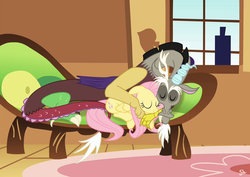 Size: 1024x725 | Tagged: safe, artist:randomsh123, discord, fluttershy, draconequus, pegasus, pony, g4, couch, cuddling, cute, discute, eyes closed, female, fluttershy's cottage, living room, male, mare, pillow, rug, ship:discoshy, shipping, show accurate, signature, smiling, snuggling, straight, window, windowsill