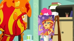 Size: 1216x684 | Tagged: safe, edit, edited screencap, screencap, pinkie pie, sunset shimmer, equestria girls, g4, my little pony equestria girls: summertime shorts, the art of friendship, crown, deja vu, jewelry, paint, parody, pinkie prick, prom queen meme, regalia, studio, this will end in tears