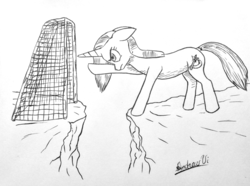 Size: 1280x952 | Tagged: safe, artist:klarkkentthe3rd, trixie, pony, unicorn, g4, cliff, female, frustrated, goal, mare, monochrome, newbie artist training grounds, reaching, signature, solo, traditional art