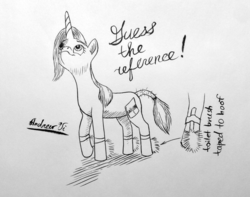 Size: 1280x1010 | Tagged: safe, artist:klarkkentthe3rd, trixie, pony, unicorn, g4, female, looking up, mare, monochrome, newbie artist training grounds, reference, signature, simple background, solo, toilet brush, traditional art, white background