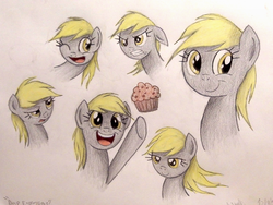 Size: 1440x1080 | Tagged: safe, artist:thefriendlyelephant, derpy hooves, pony, g4, facial expressions, food, muffin, one eye closed, smiling, traditional art, windswept mane, wink