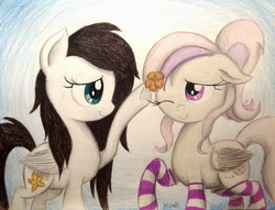 Size: 1024x784 | Tagged: safe, artist:thefriendlyelephant, oc, oc only, oc:coconut cake, oc:cuddle bug, pegasus, pony, clothes, cute, duo, flower, flower in hair, ponytail, socks, striped socks, traditional art